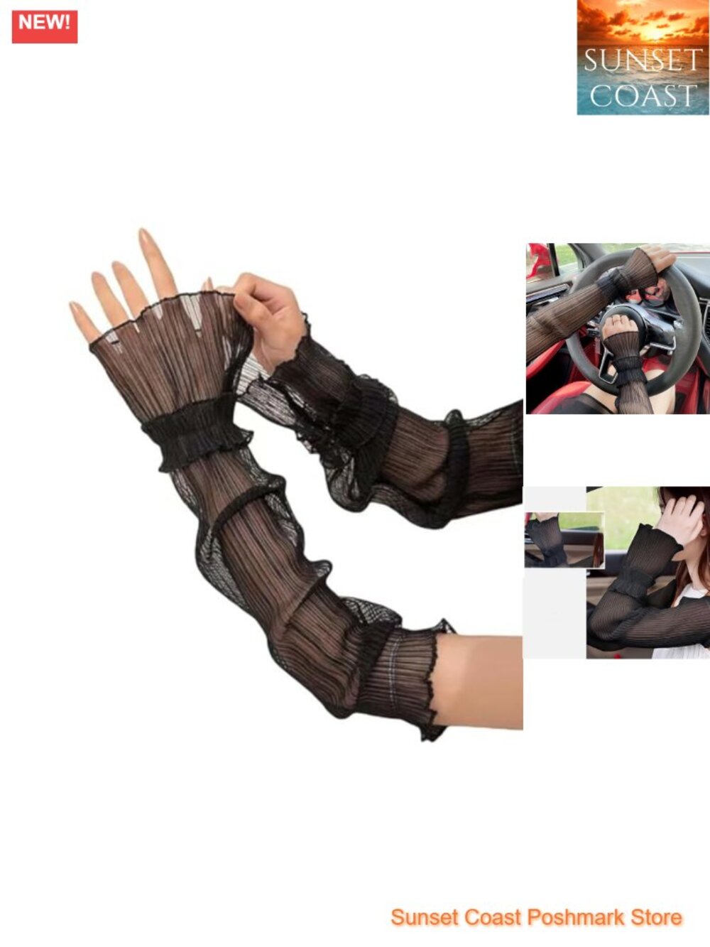 Lace Mesh Ruched Ruffle Hem Sun Protection Arm Sleeves UV Blocking